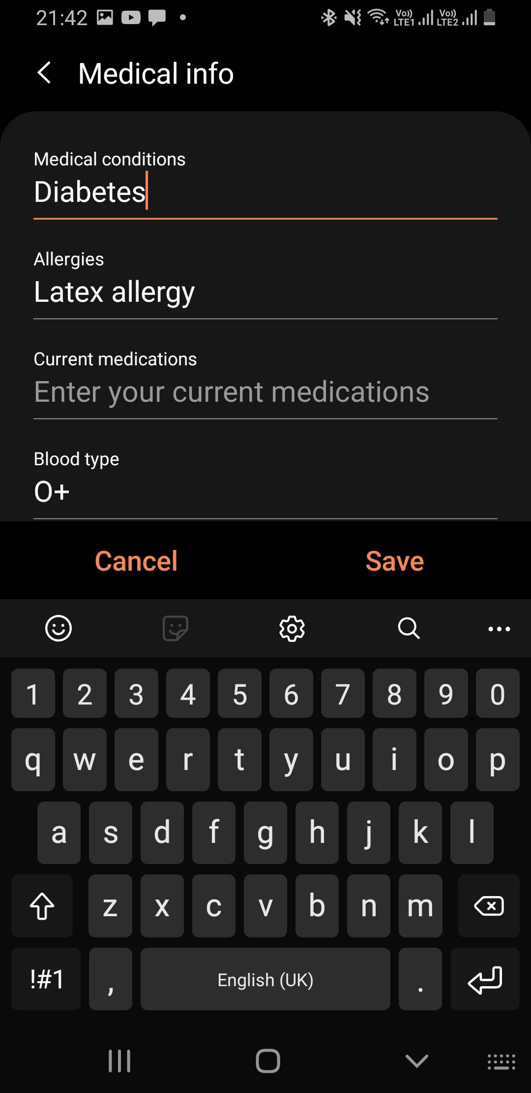 Screen of filling Samsung medical info