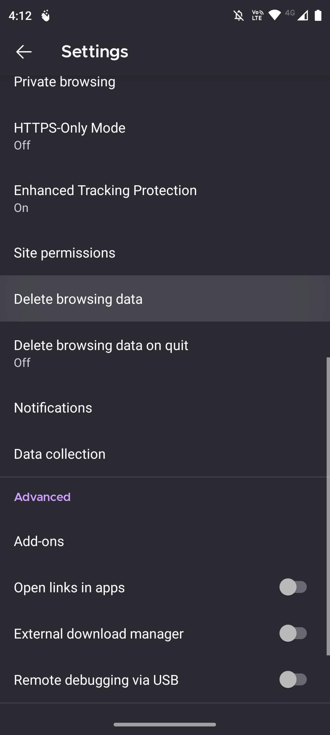 Settings menu with delete browsing data highlighted