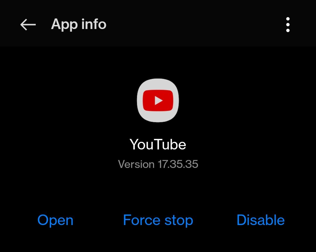 YouTube app with Force Stop option 