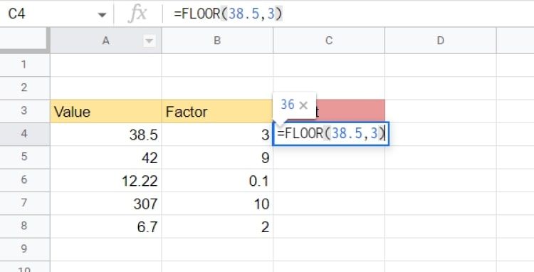 Using numbers instead of cell references for a Floor Function