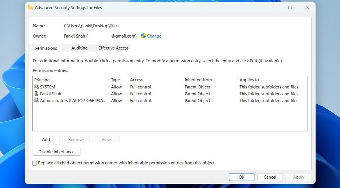 Folder Security Settings window