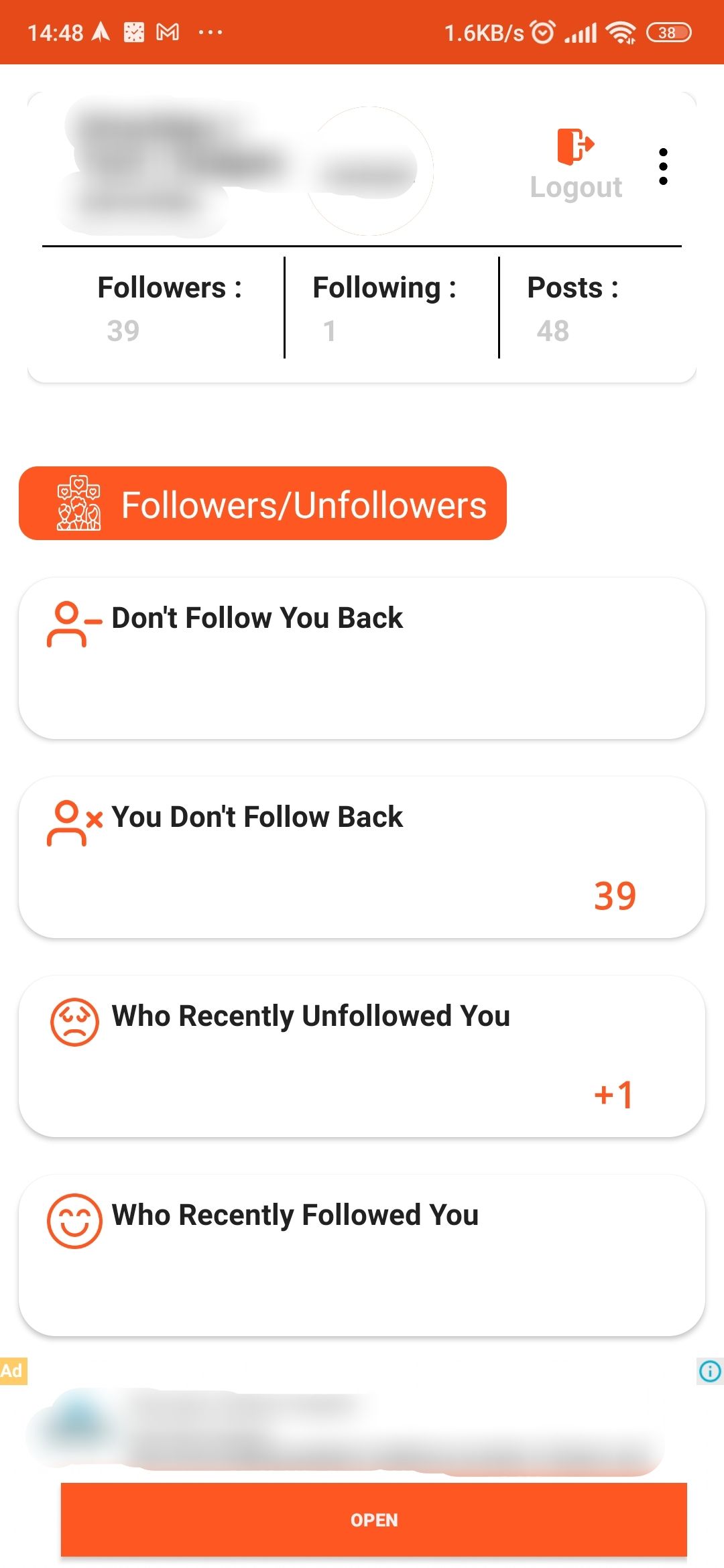 A screenshot of a logged in account on Followers & Unfollowers app
