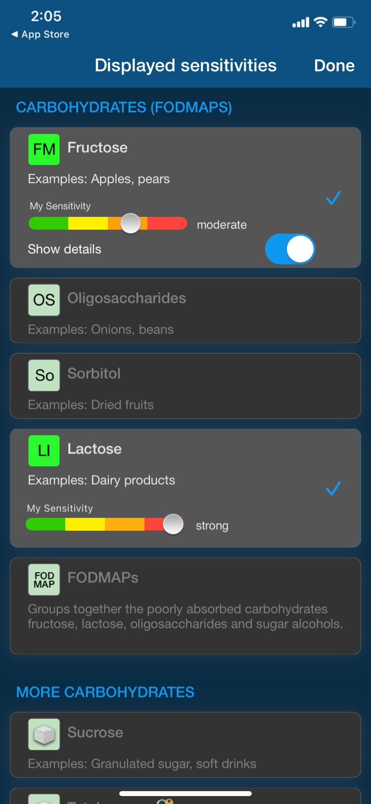 Food Intolerances app displayed sensitivities 