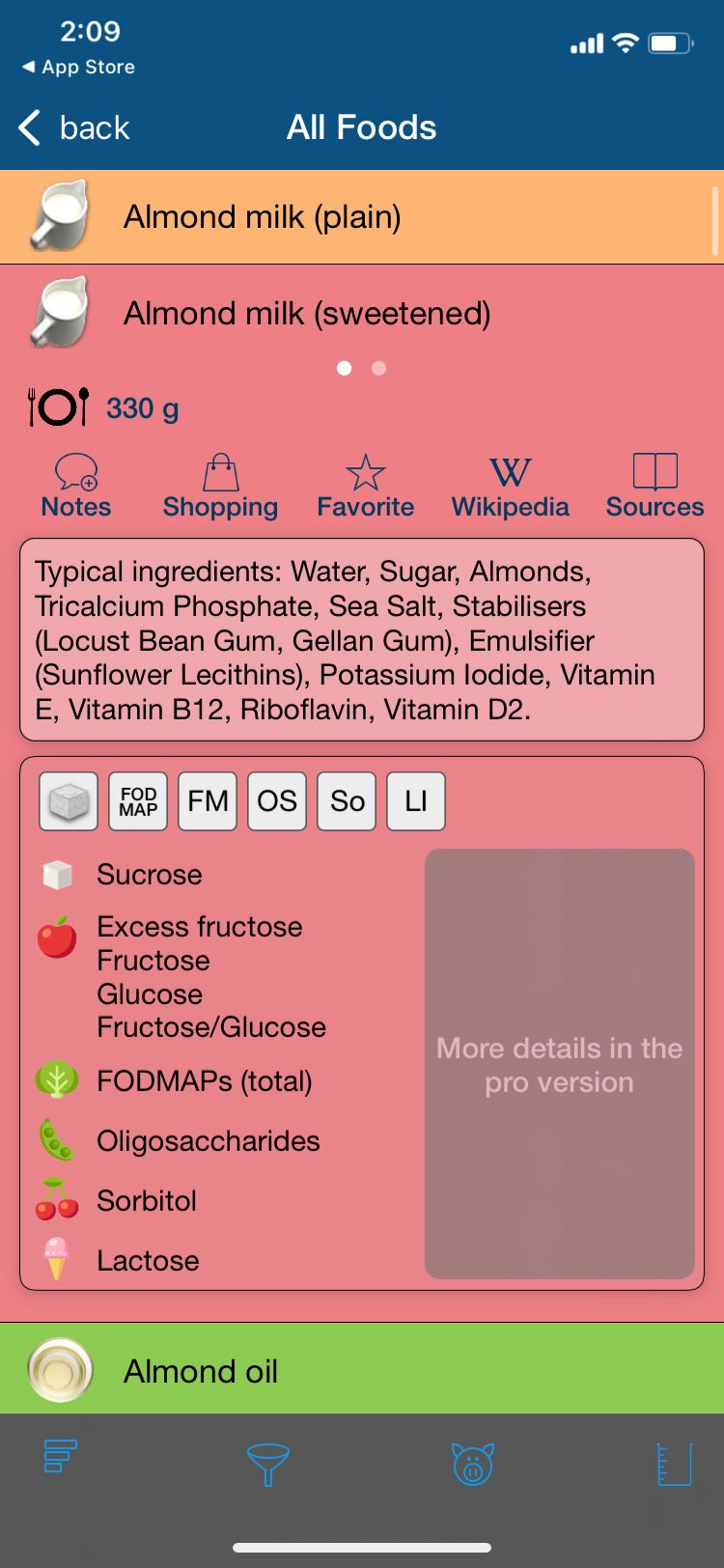 Food Intolerances app listing for almond milk