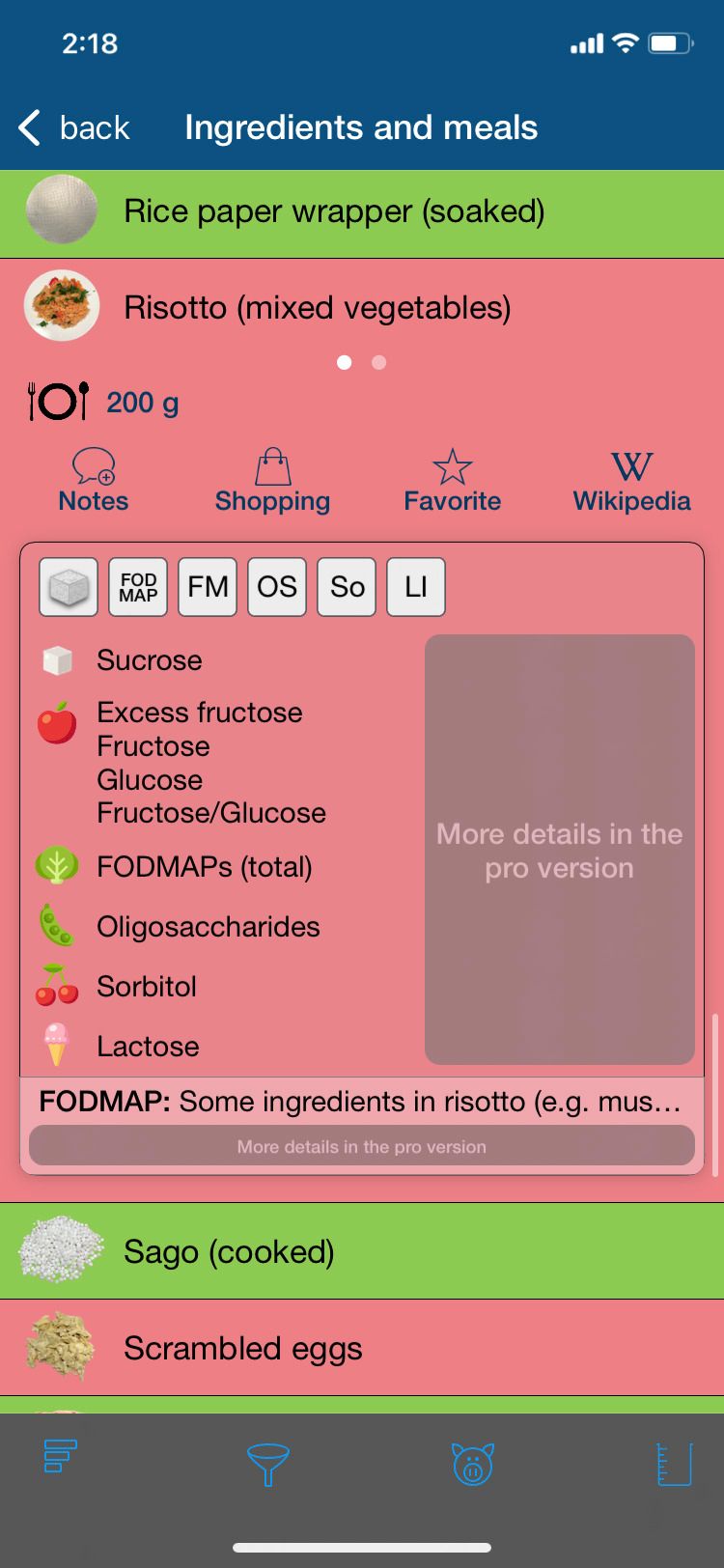 Food Intolerances app listing for risotto