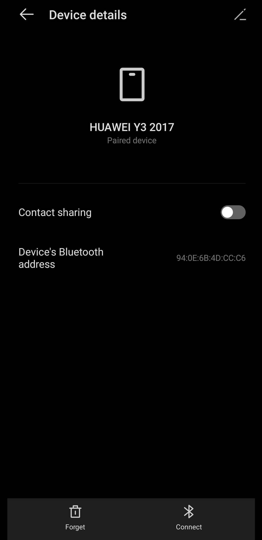 Bluetooth device details menu showing Forget and Connect options