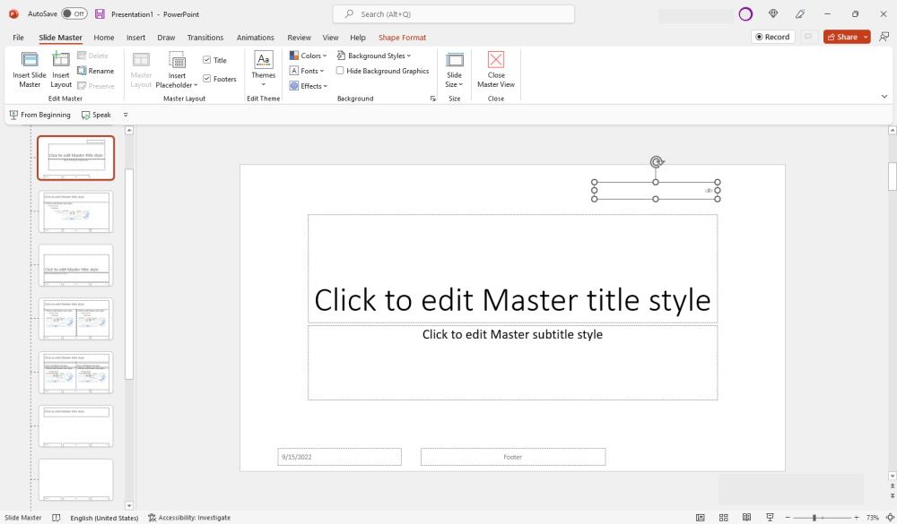 Slide number being formatted in PowerPoint