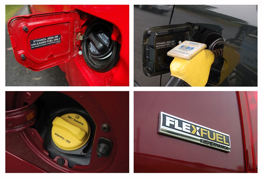Four E85 flex fuel labels on cars