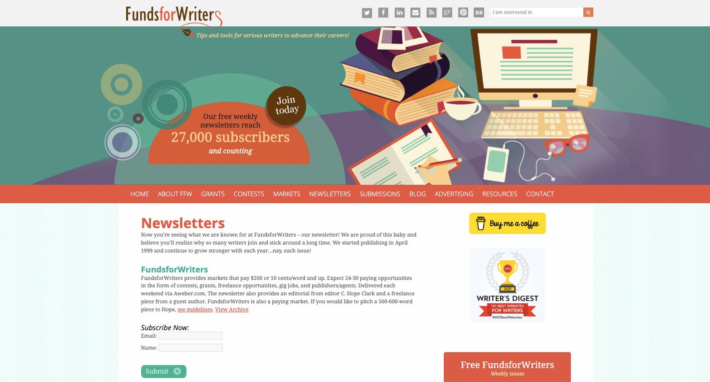 FundsforWriters Homepage Screenshot