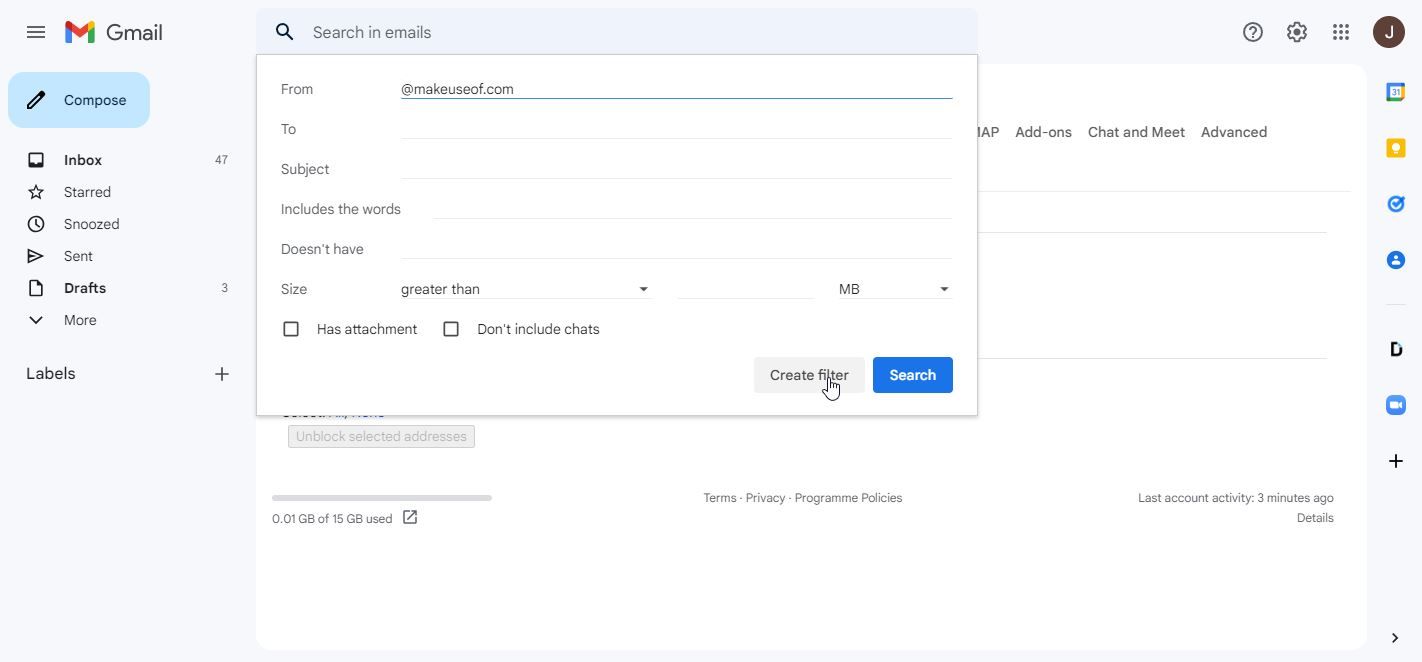 A Screenshot of Gmails Create Filter Setting