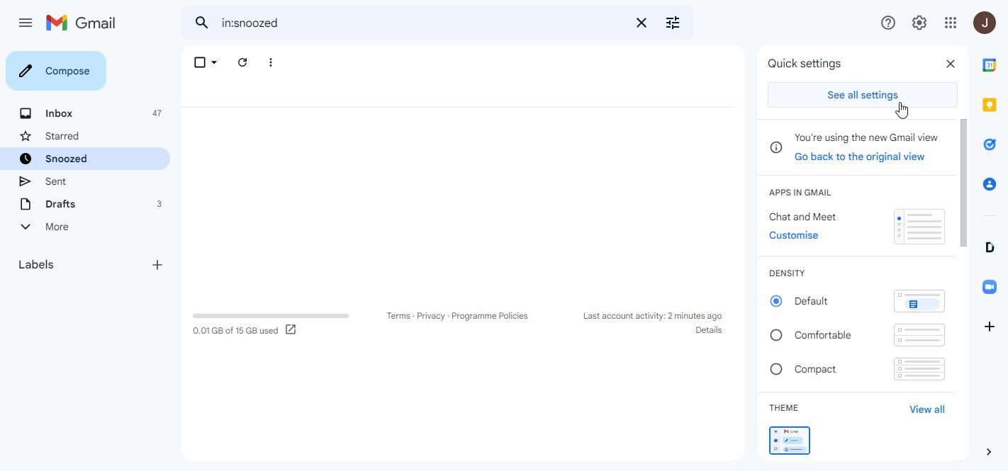 A Screenshot of Gmails Quick Settings