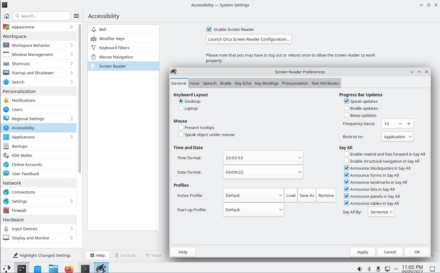 Accessibility settings on KDE Neon Plasma desktop