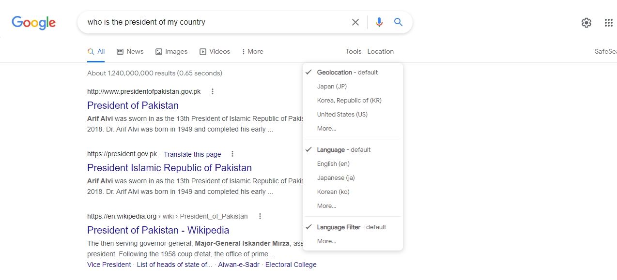 Google Search Geolocation Language Change screenshot
