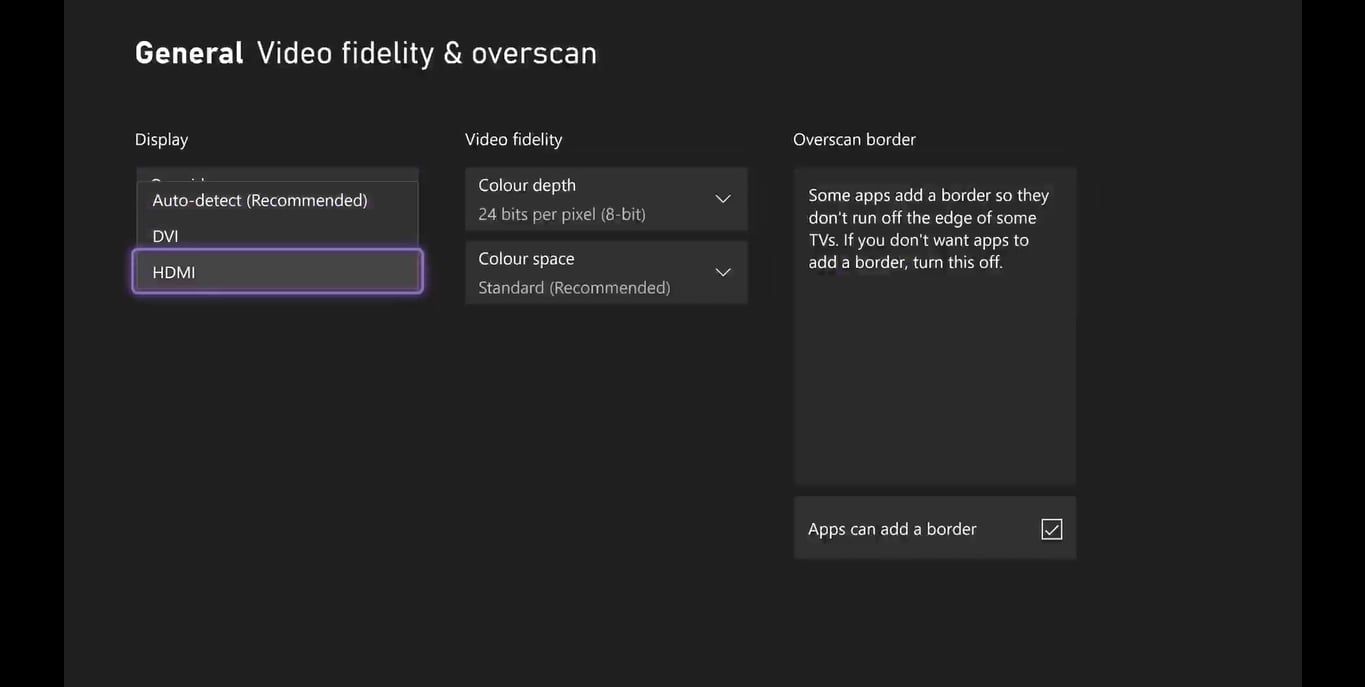 A screenshot of Xbox Series X settings for video fidelity and overscan with HDMI highlighted