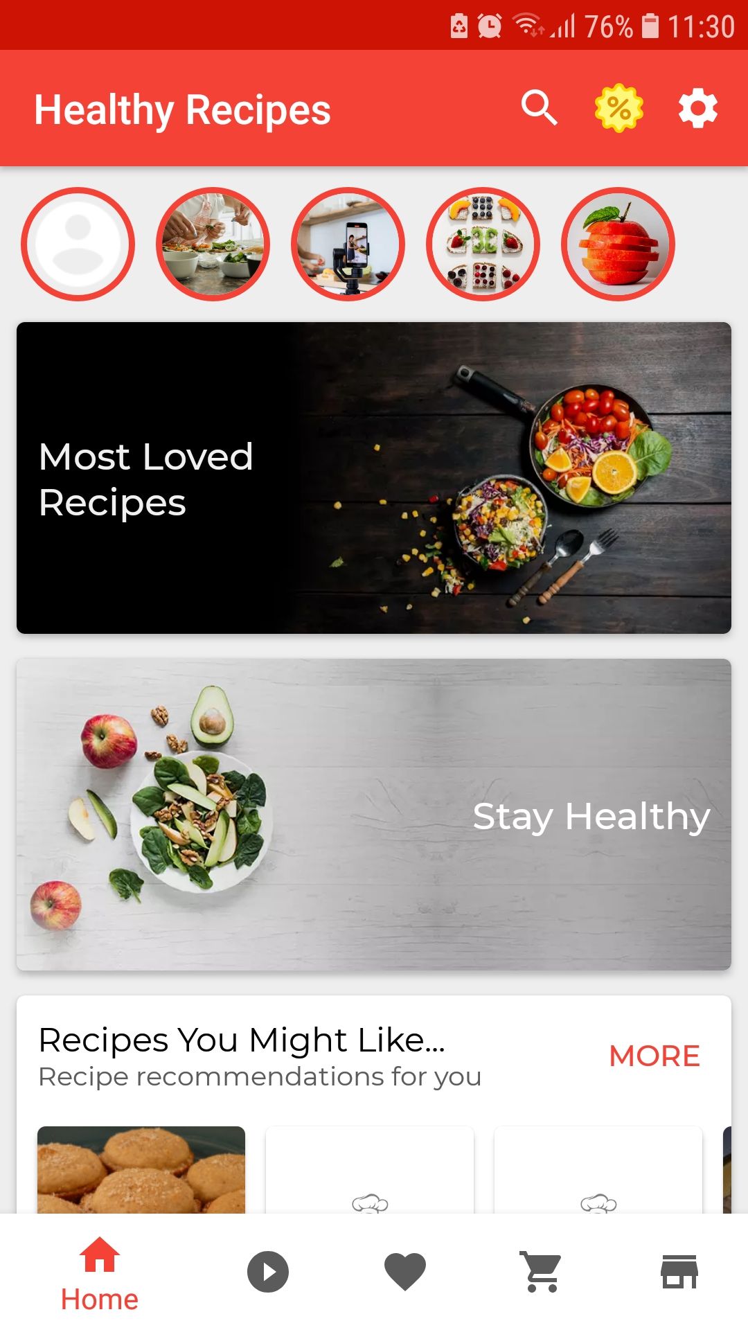 Healthy Recipes mobile healthy cooking app home