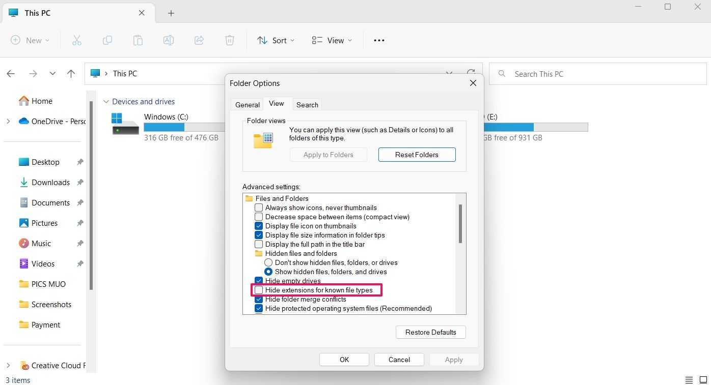 Hide extensions for known file types option in File Explorer