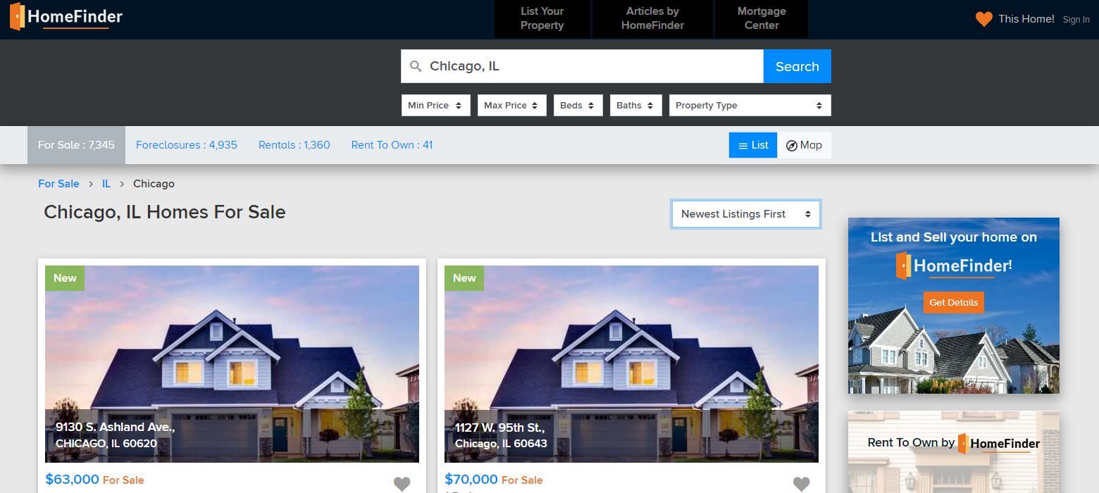 A Screenshot of HomeFinder Home Search