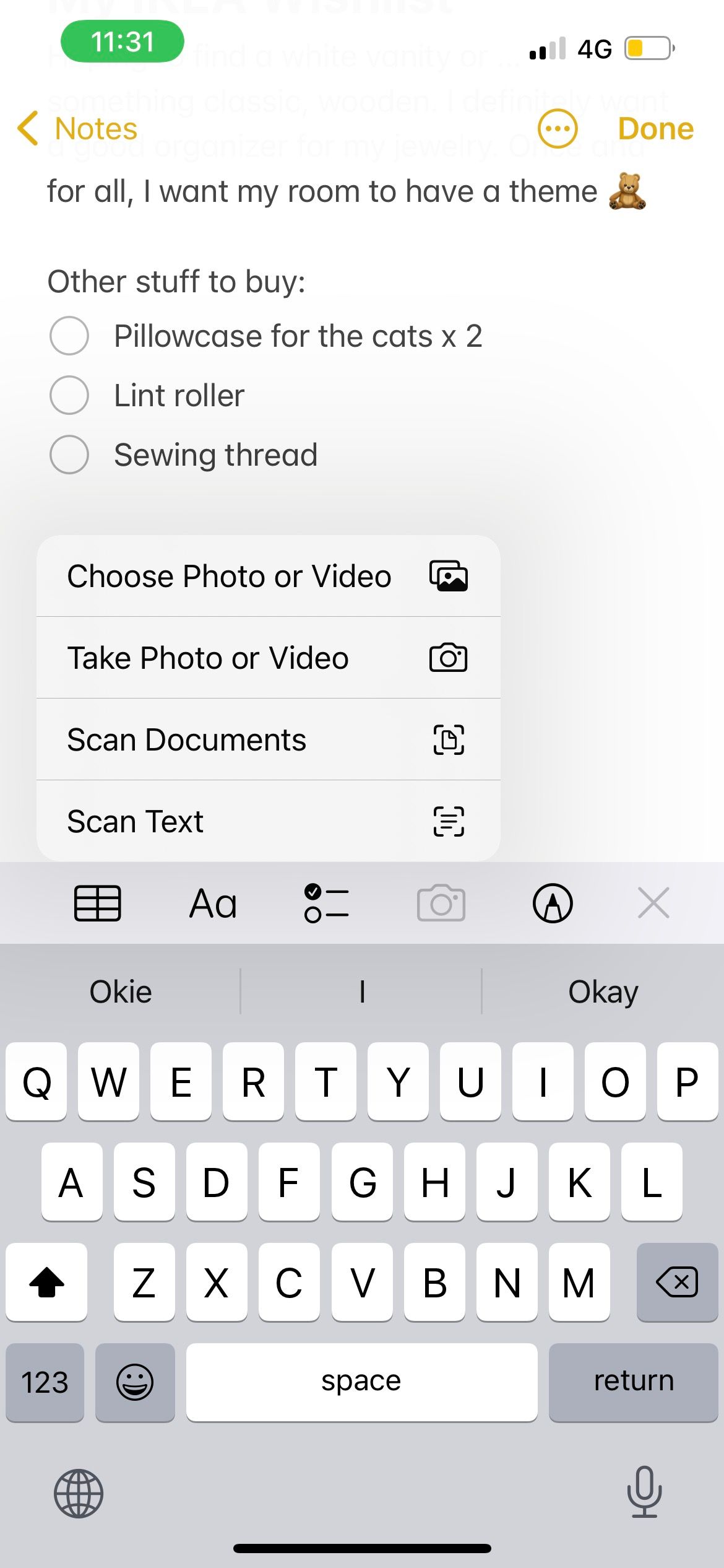 photo and video options in iphone notes app