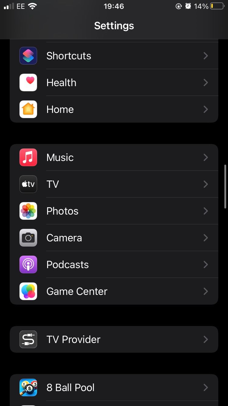 The iOS Settings app showing all Apple apps such as Apple Music Podcasts etc