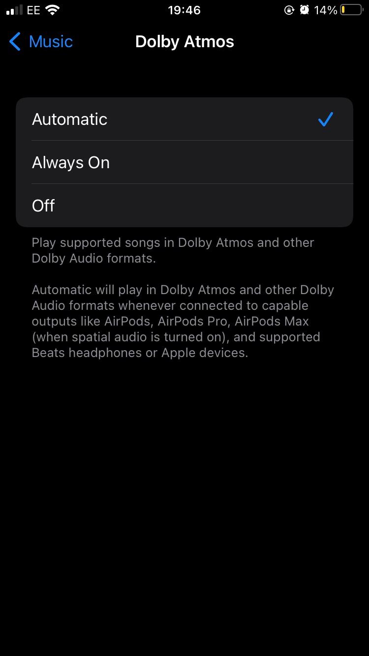 The Dolby Atmos settings for Apple Music on the iOS Settings app