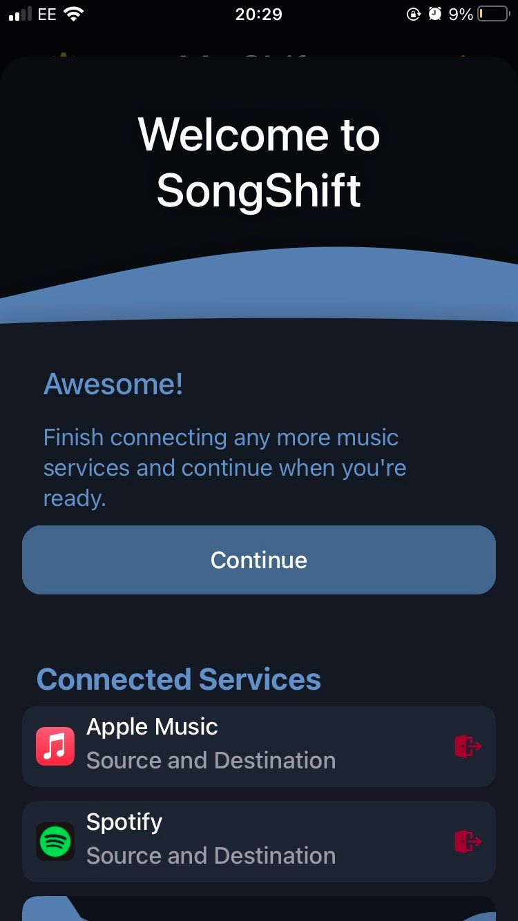The welcome page for the SongShift iOS app