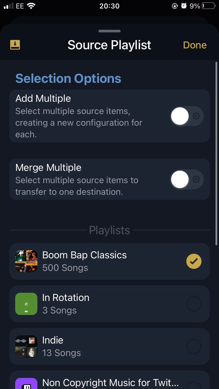 The Source Playlist page on the iOS SongShift app