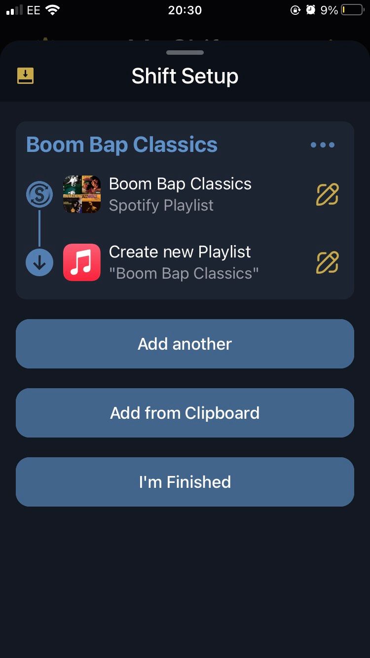 The Shift Setup page on the iOS SongShift app