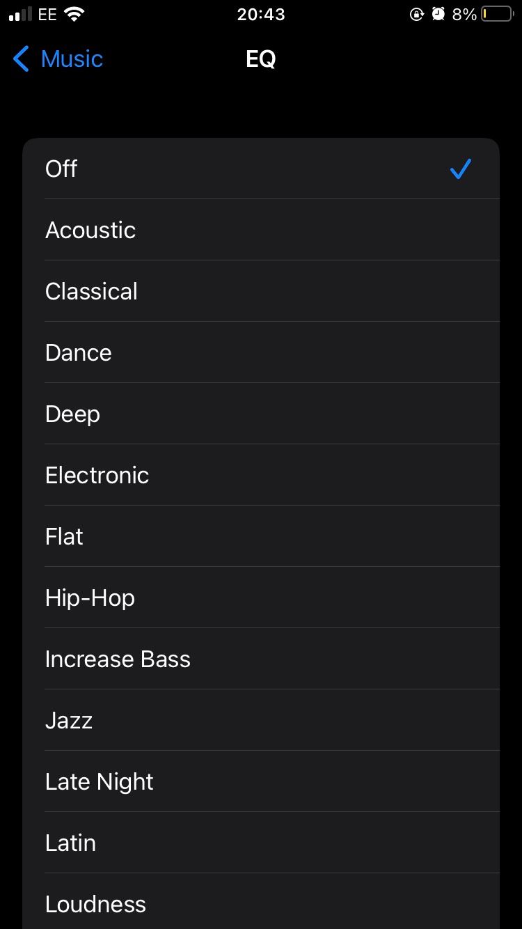 The EQ page for the Music settings on the iOS Settings app