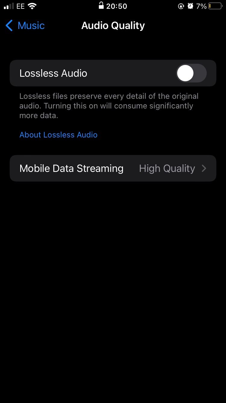 The Audio Quality settings on Music on the iOS Settings app