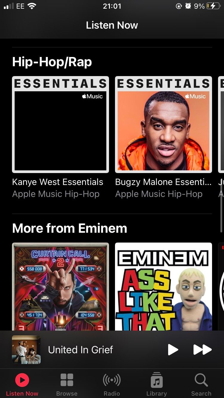 A collection of curated hip hop and rap playlists on the Apple Music iOS app