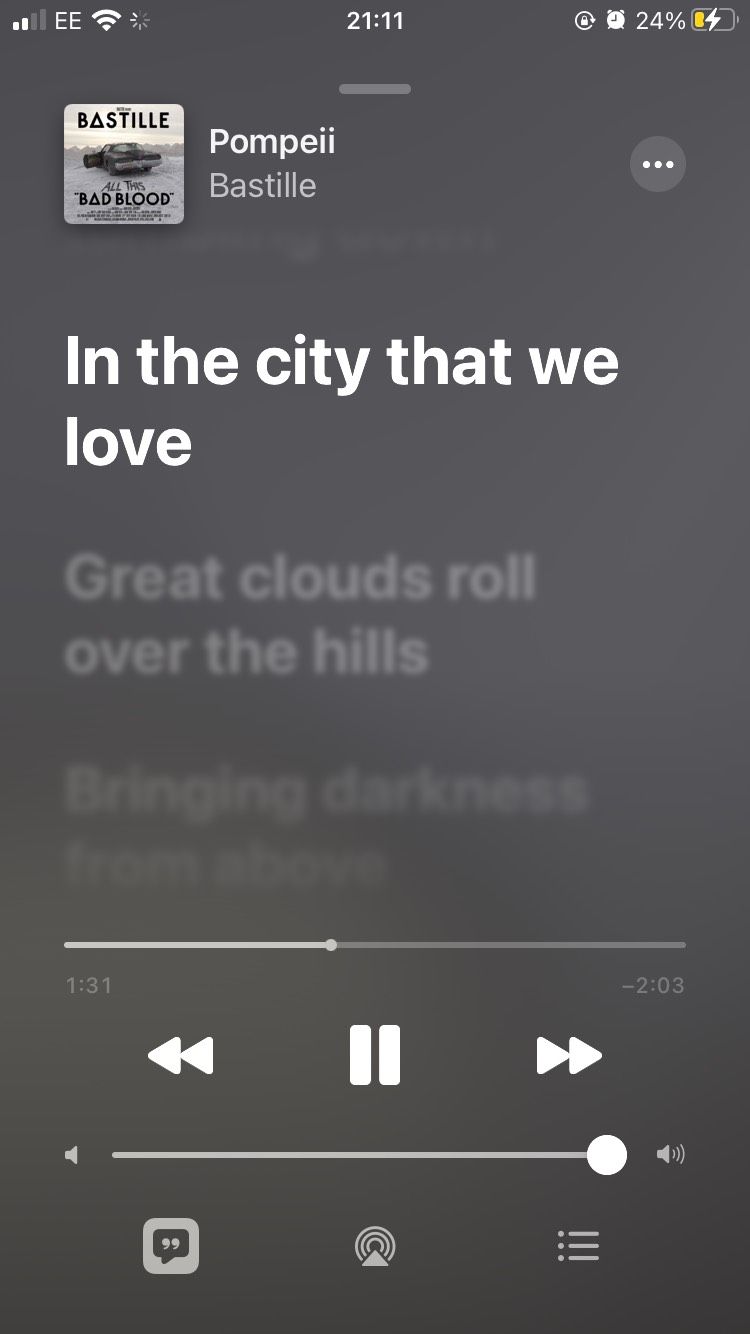A Bastille song playing on the Apple Music iOS app with lyrics 