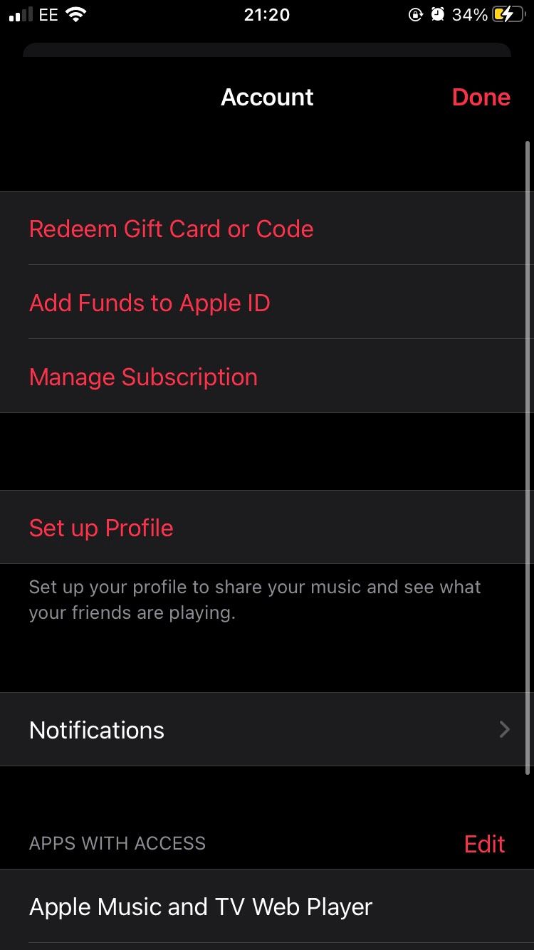 The Account section of the Apple Music iOS app settings