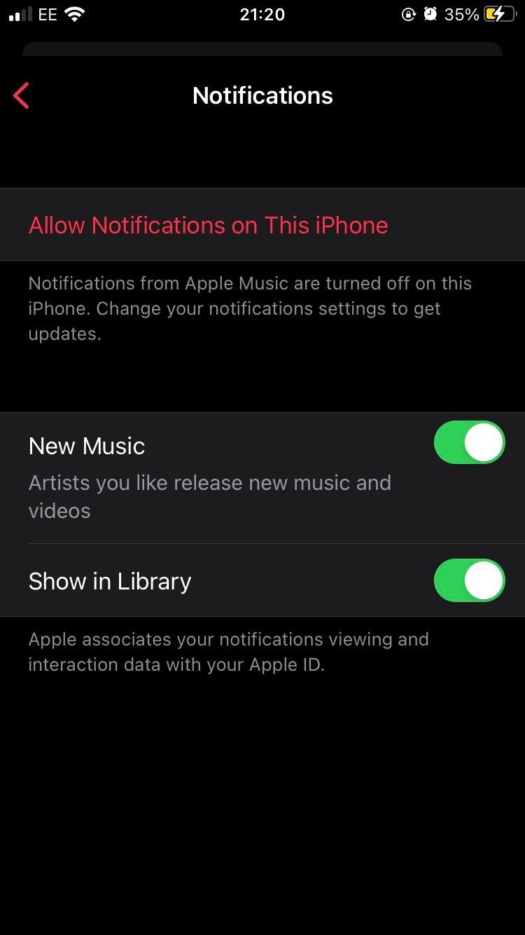The Notifications page on the settings of the Apple Music iOS app