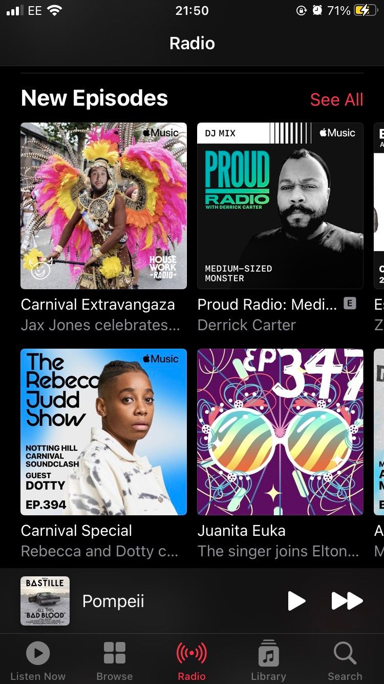 The New Episodes section on the iOS Apple Music app