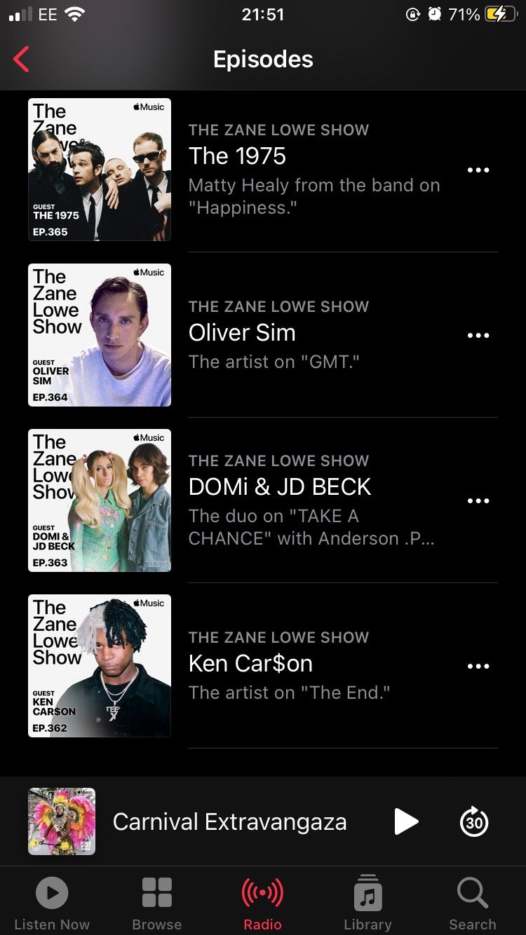 The episodes for Zane Lowes radio show on Apple Music iOS app