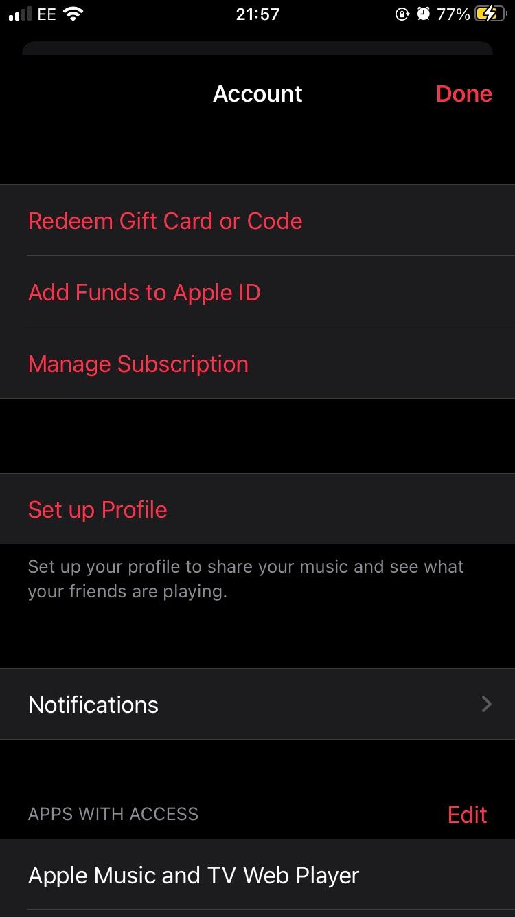 The Account section of the Apple Music iOS app