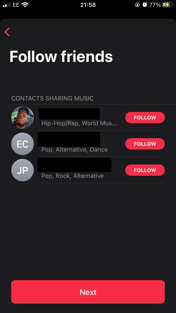 The Follow friends page on the Apple Music iOS app