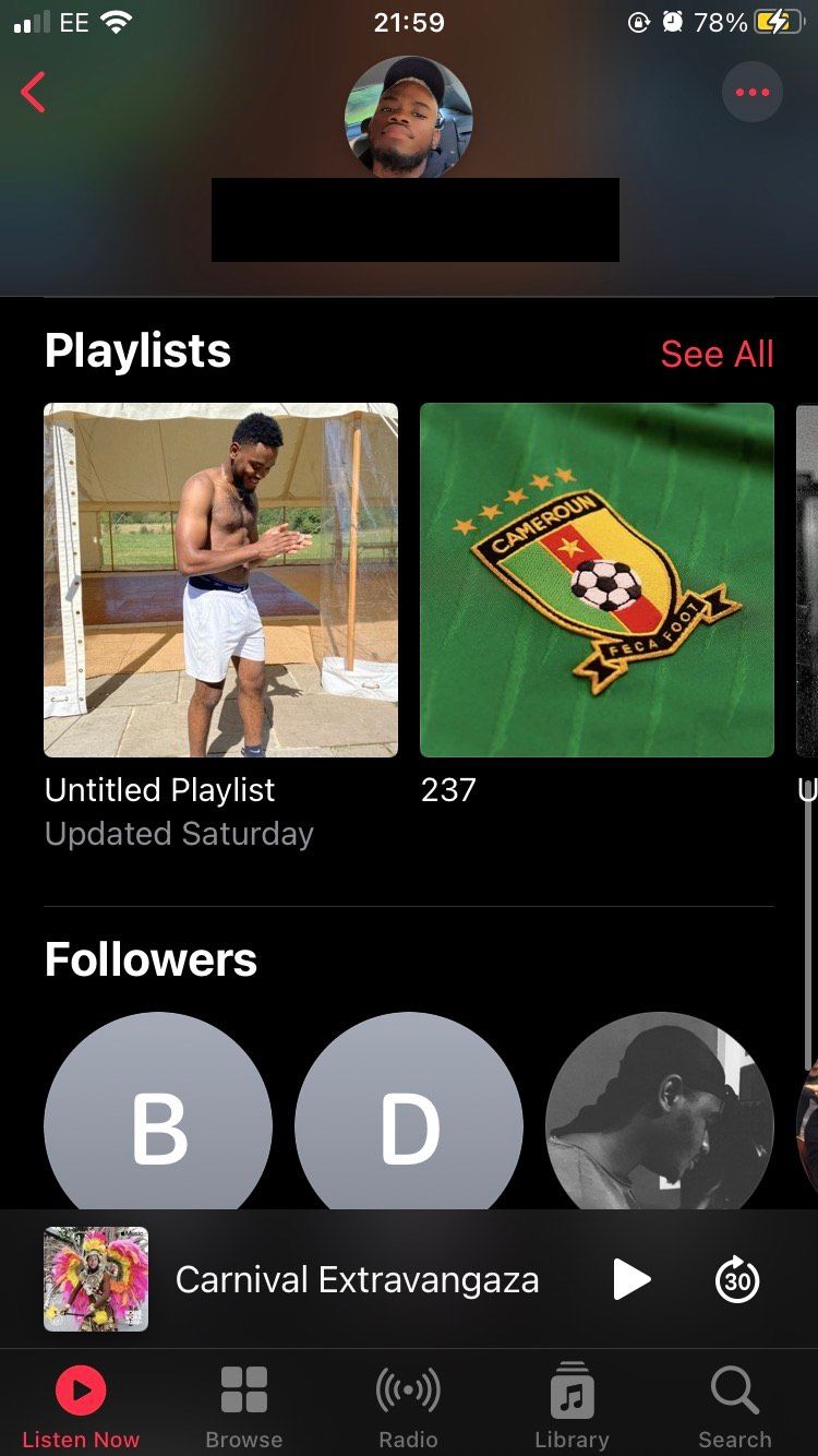 The user profile of someone followed on the Apple Music iOS app showing their playlists