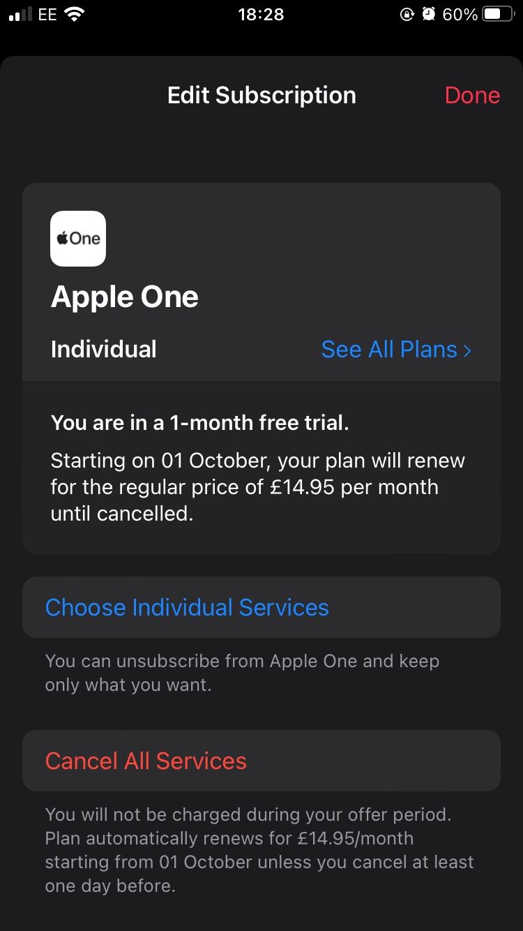 The Edit Subscription page on the iOS Apple Music app