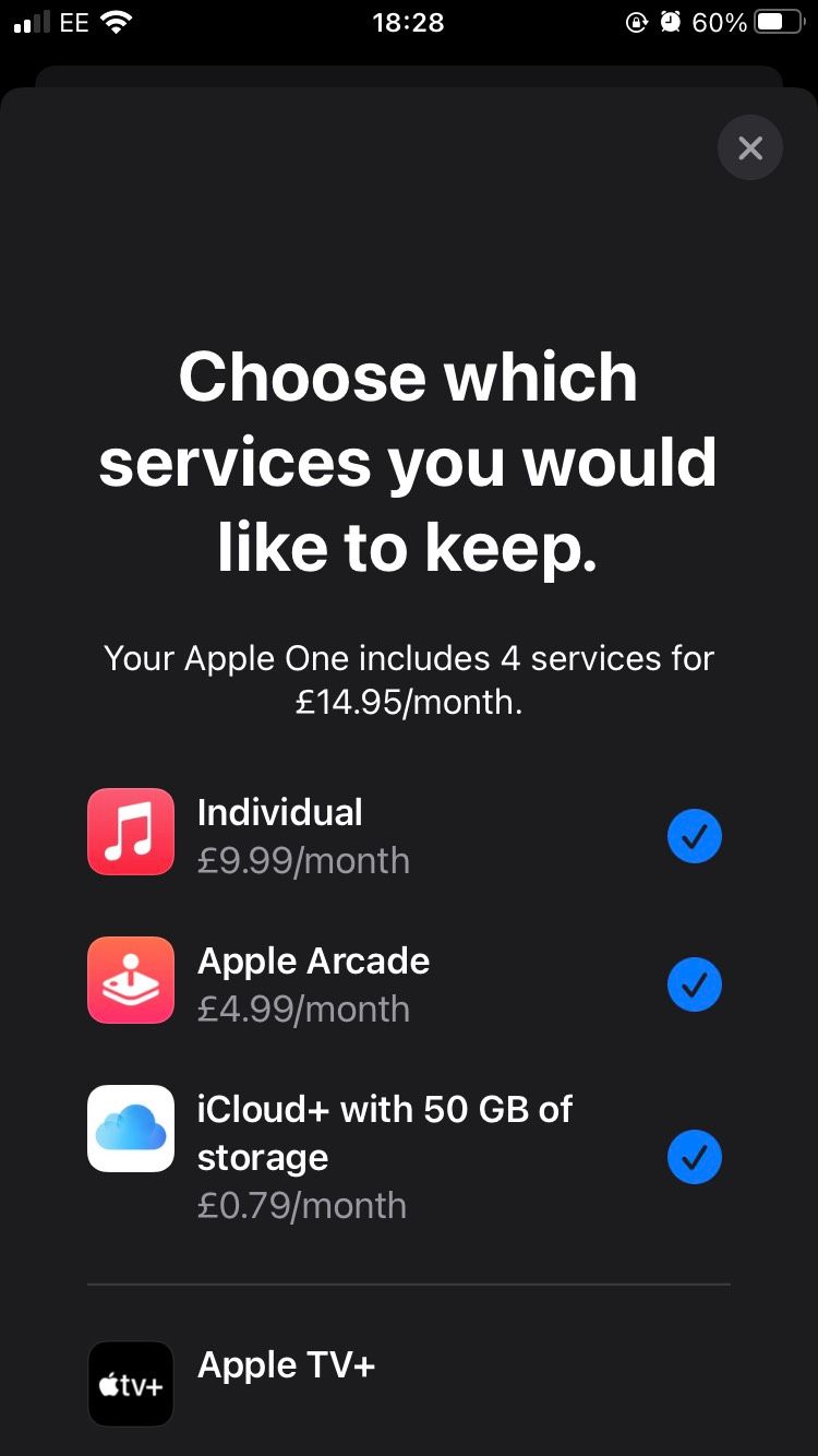 The Choose services to keep page on the iOS Apple Music app