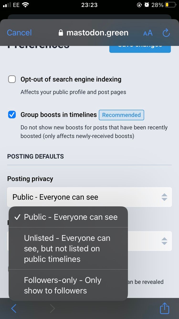 The Preferences section on the Mastodon iOS app in a dialog box