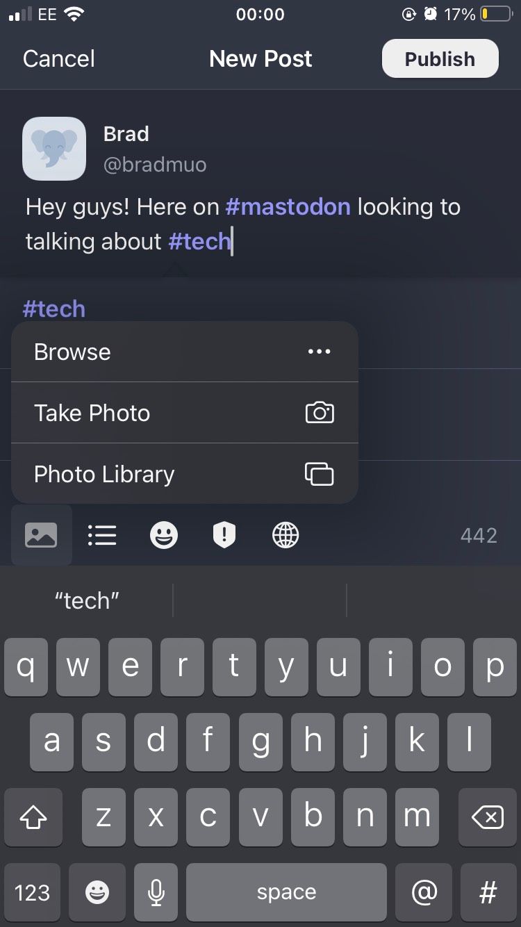 A Toot on the iOS Mastodon app with hashtags used and a photo being attached