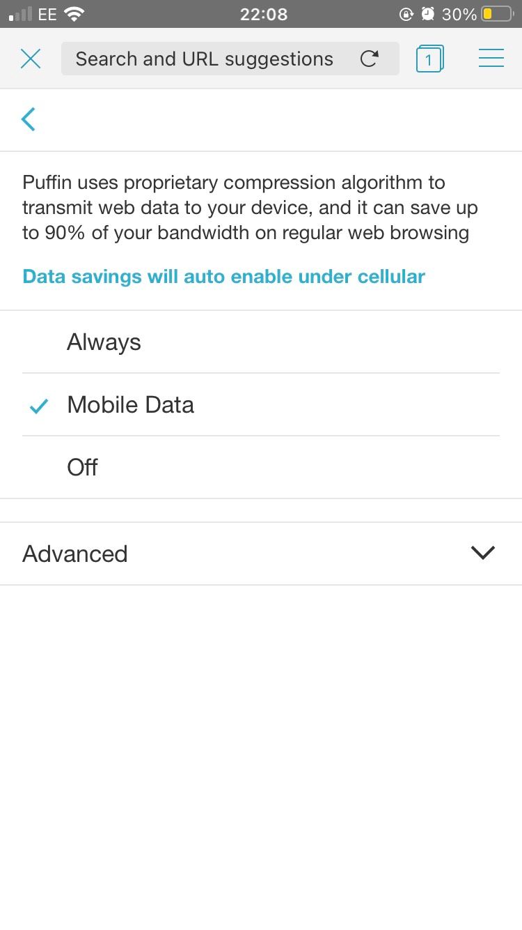The data saving settings on the iOS Puffin app