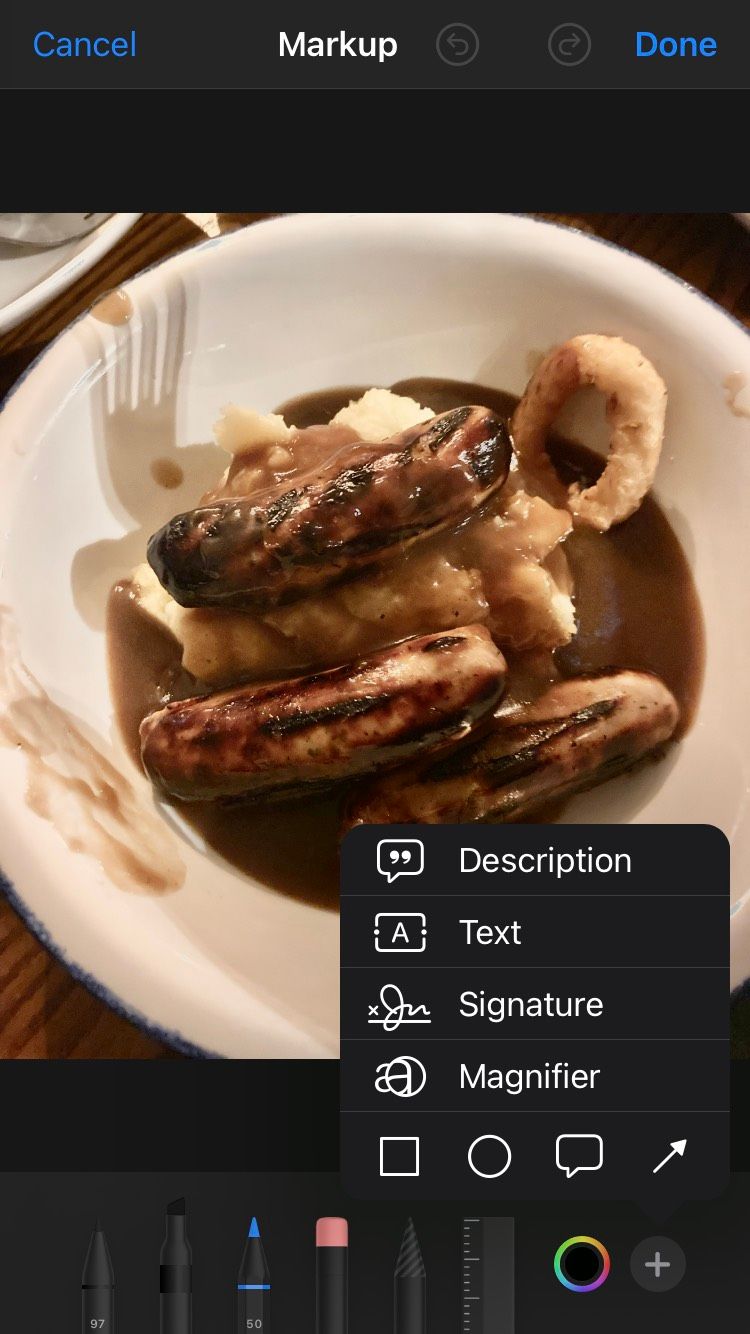 An image of sausage and mash on the iOS Apple Photos app Markup section