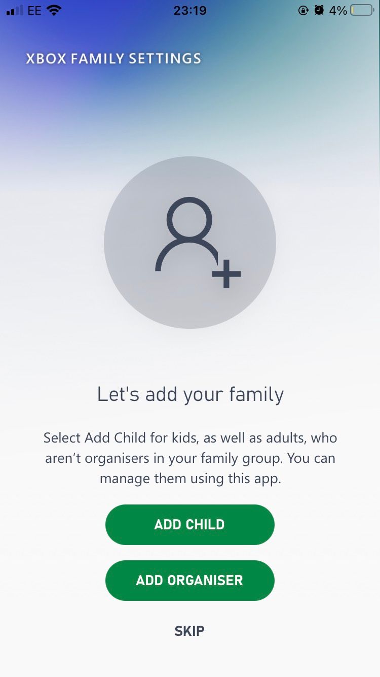 The Add Child page of the Xbox Family Settings iOS app