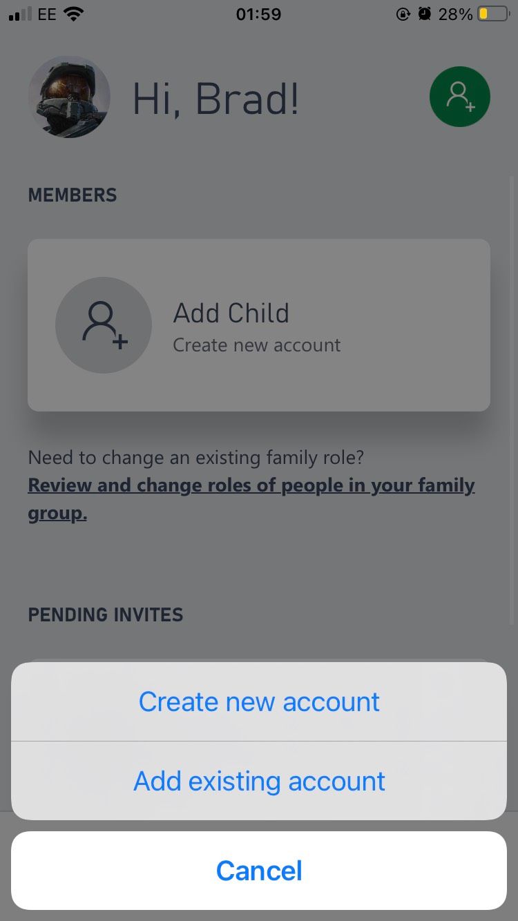 The Add Child section of the Xbox Family Settings iOS app with options for user accounts to add