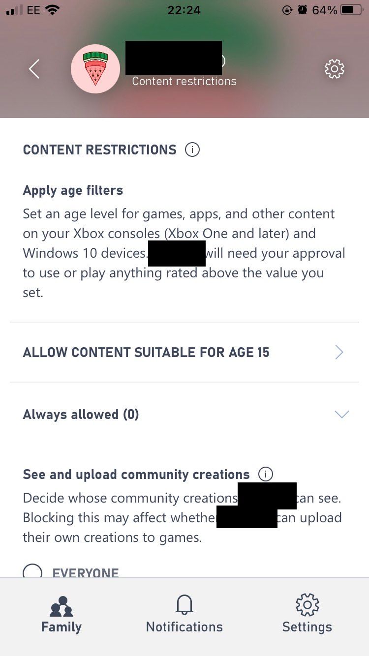 The Content Restrictions page on the Xbox Family Settings iOS app