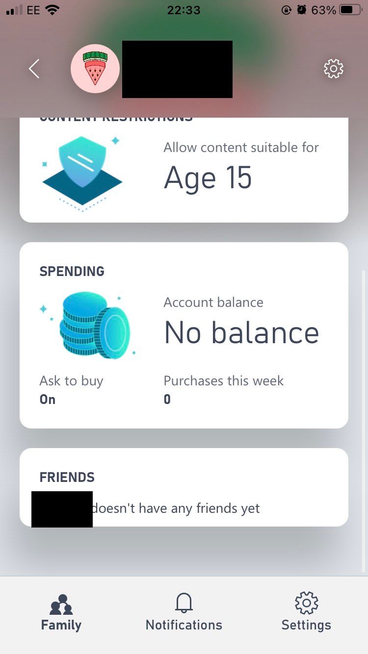 The Spending section of the Xbox Family Settings iOS app