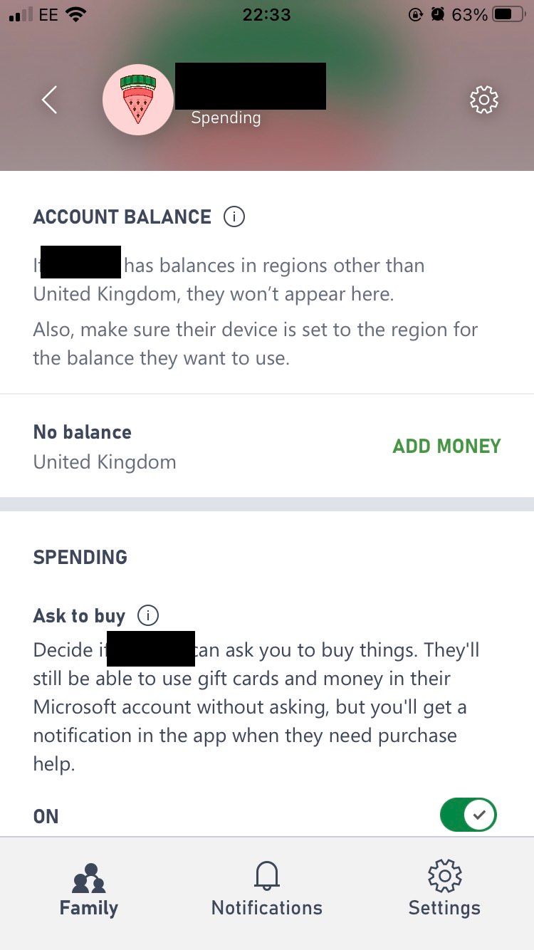 The Account Balance section of the Xbox Family Settings iOS app
