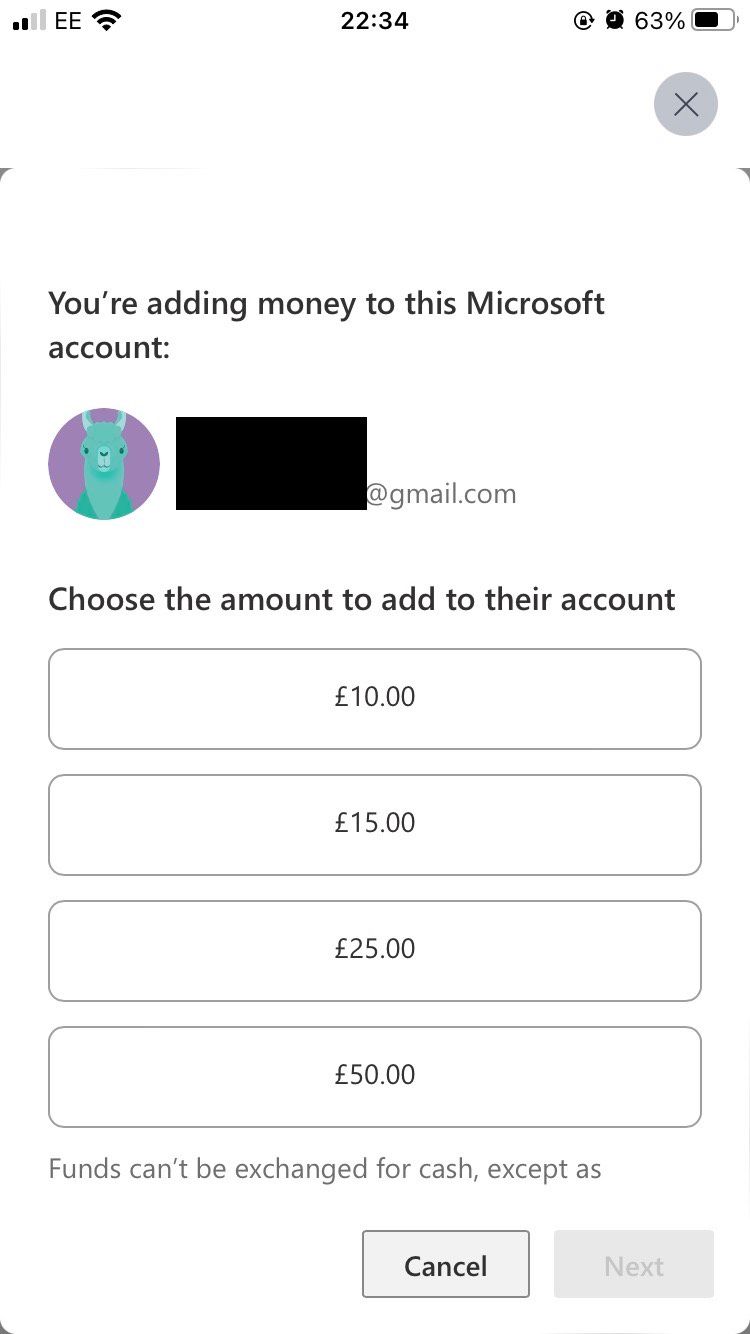 The Add Money page of the Xbox Family Settings iOS app